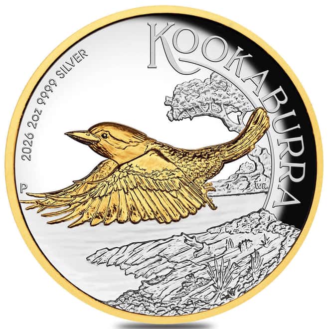 2026 2 oz Proof Silver Australian Kookaburra High Relief Gilded Coin Perth Mint
