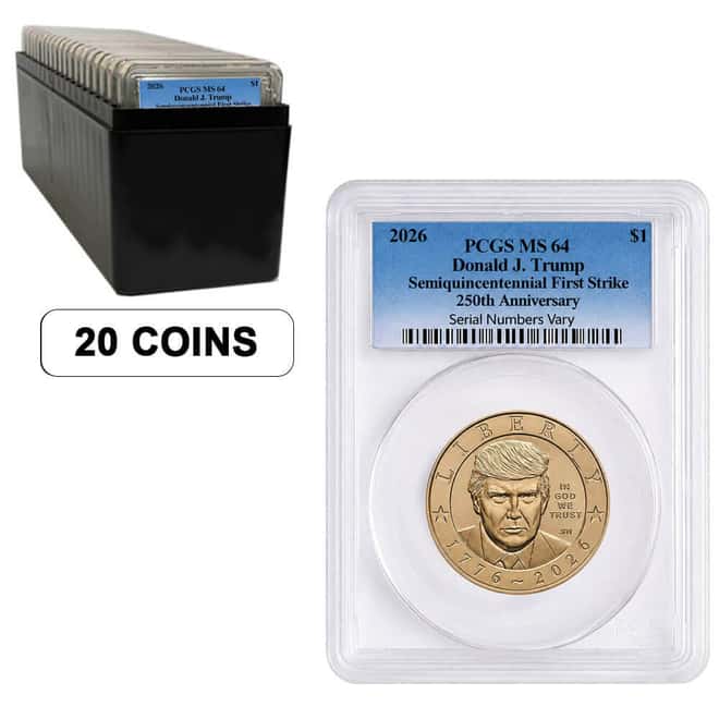 Box of 20 - 2026 (P) President Donald J. Trump $1 Coin PCGS MS 64 FS (Blue)