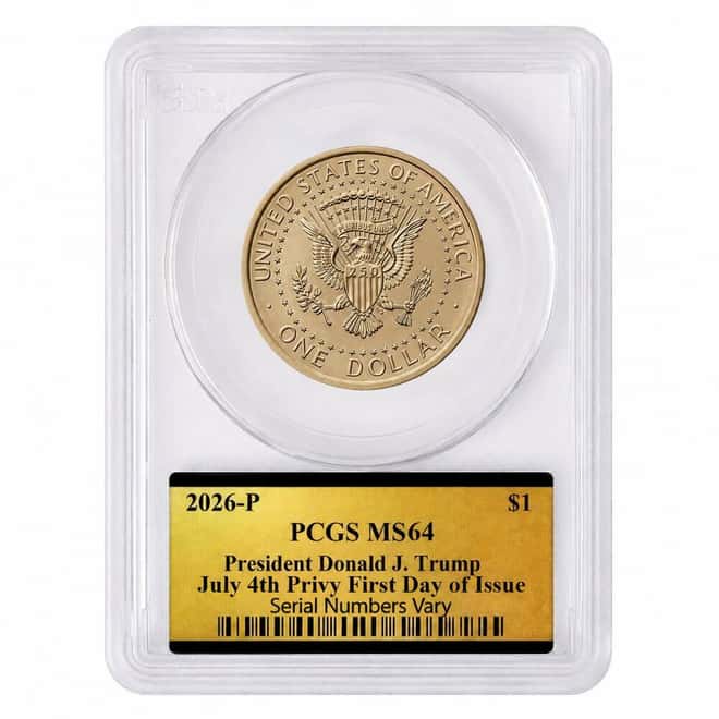 2026 (P) President Donald J. Trump July 4th Privy $1 Coin PCGS MS 64 FDOI Semiquincentennial 