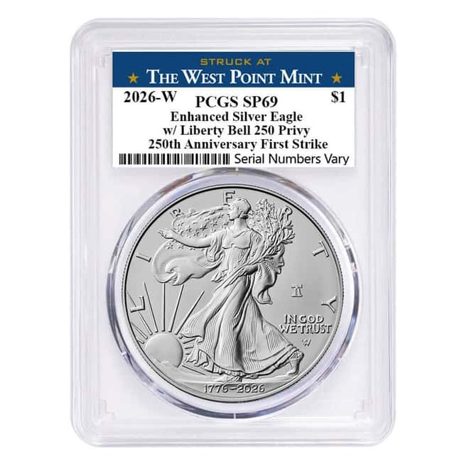2026-W 1 oz Enhanced Uncirculated Silver American Eagle Liberty Bell Privy PCGS SP 69 FS West Point