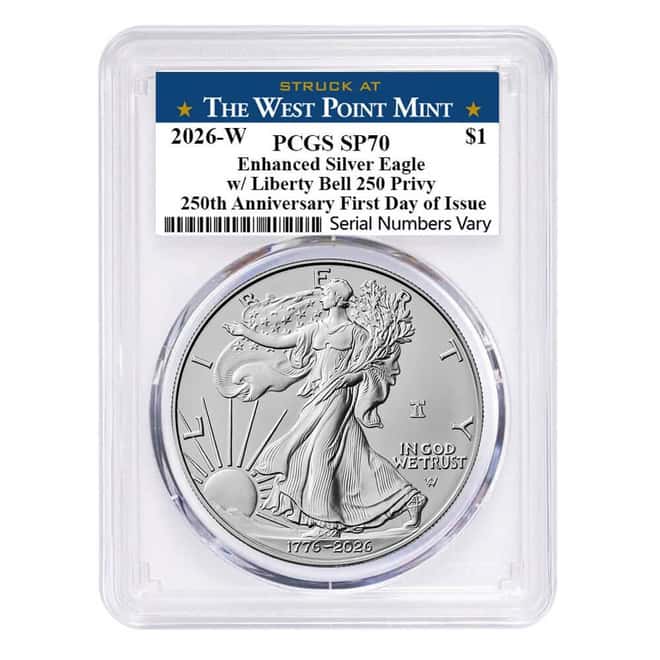 2026-W 1 oz Enhanced Uncirculated Silver American Eagle Liberty Bell Privy PCGS SP 70 FDOI West Point