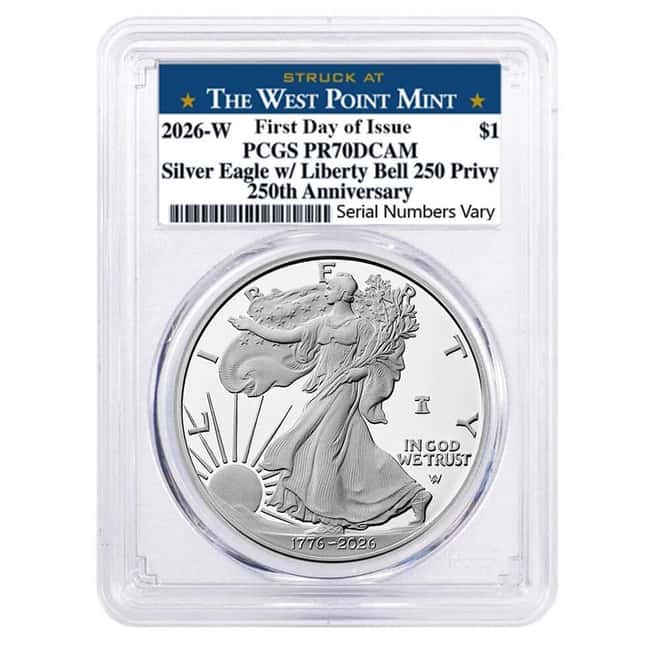 2026-W 1 oz Proof Silver American Eagle Liberty Bell Privy 250th Ann. PCGS PF 70 FDOI West Point