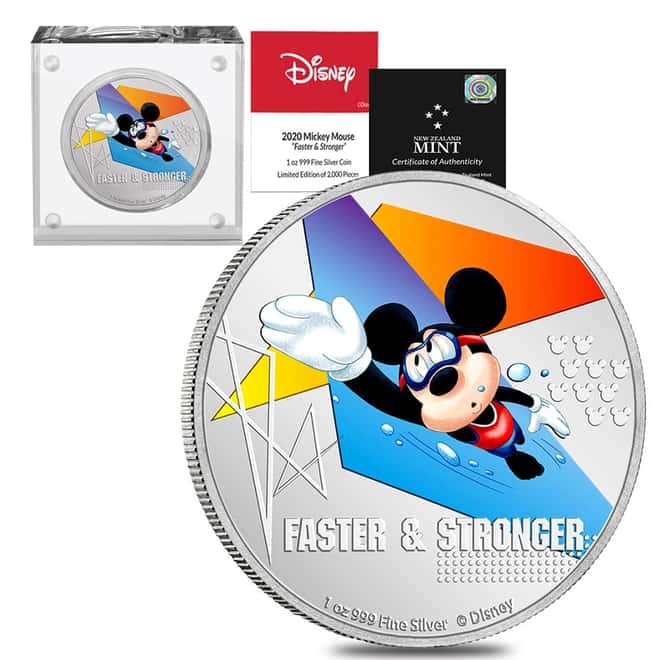 2020 Niue 1 oz Colorized Silver Disney Mickey Mouse Sports - Faster and Stronger Coin (w/Box & COA)