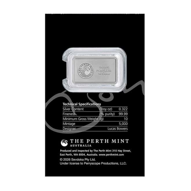 2026 10 Gram Perth Mint Bon Scott 80th Ann. Silver Bar .9999 Fine (in Assay)