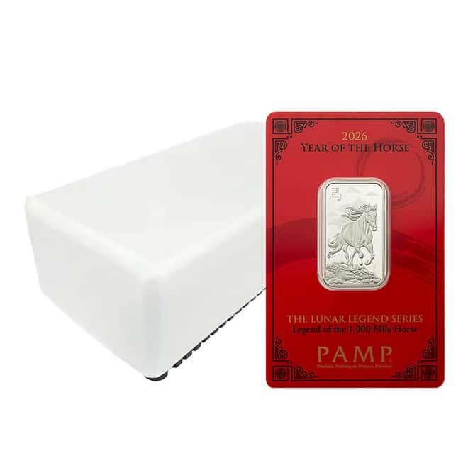 Box of 25 - 2026 10 Gram PAMP Suisse Lunar Horse Silver Bar (in Assay)