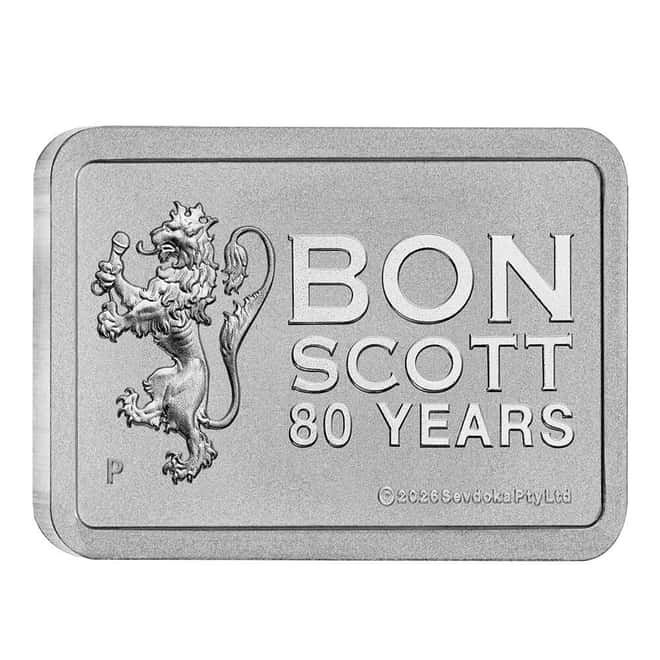 2026 10 Gram Perth Mint Bon Scott 80th Ann. Silver Bar .9999 Fine (in Assay)