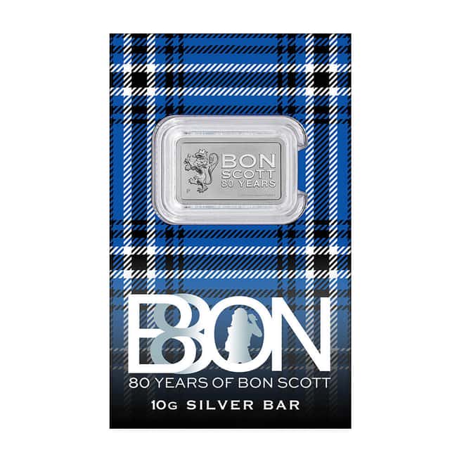 2026 10 Gram Perth Mint Bon Scott 80th Ann. Silver Bar .9999 Fine (in Assay)