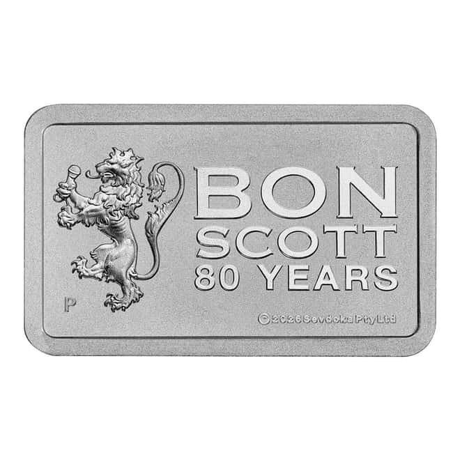 2026 10 Gram Perth Mint Bon Scott 80th Ann. Silver Bar .9999 Fine (in Assay)