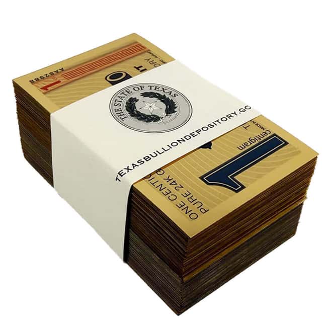 Pack of 200 - 2026 1 Centigram Texas Lonestar Redback 24K Gold Foil Aurum Note