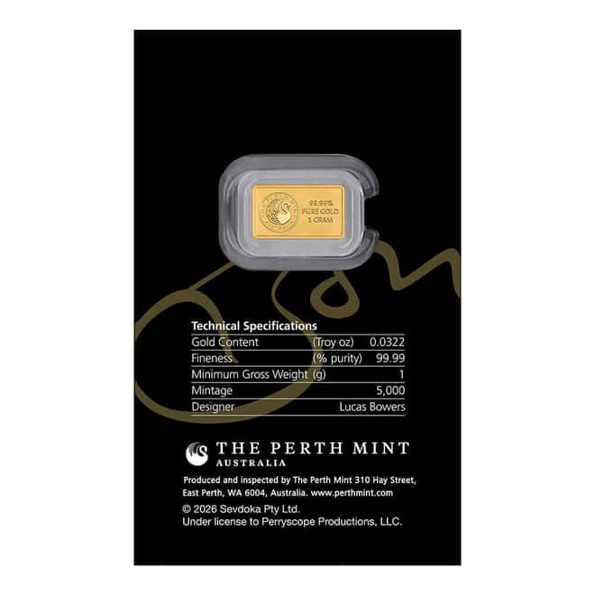 2026 1 Gram Perth Mint Bon Scott 80th Ann. Gold Bar .9999 Fine (in Assay)