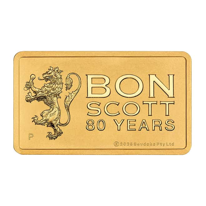 2026 1 Gram Perth Mint Bon Scott 80th Ann. Gold Bar .9999 Fine (in Assay)