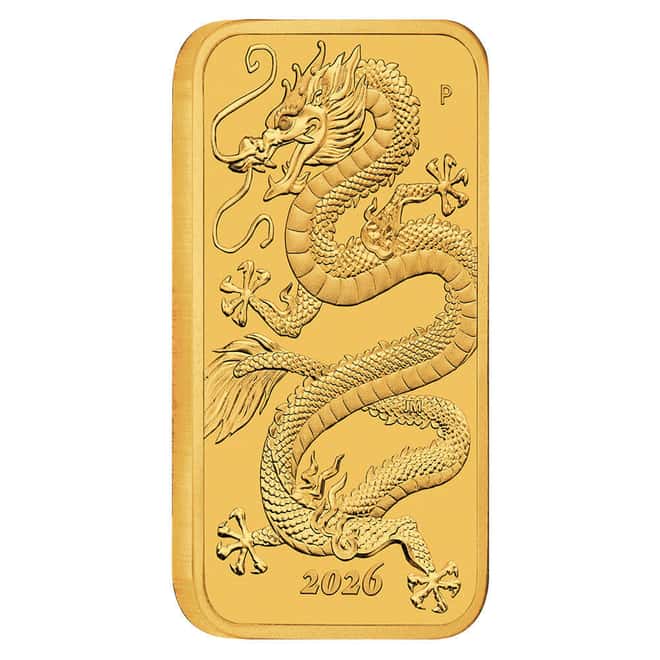 2026 1 oz Gold Australian Dragon Rectangular Coin Bar $100 BU