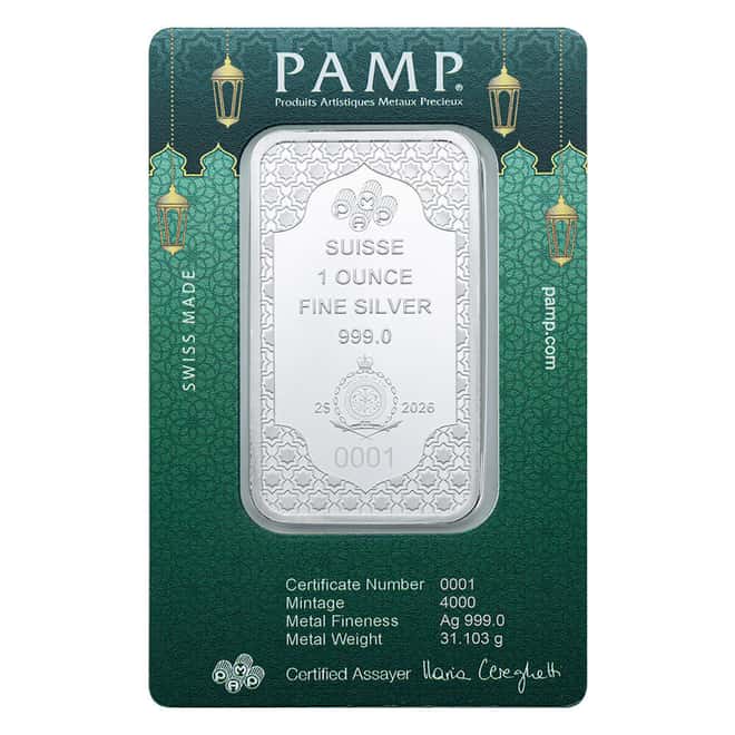 2026 1 oz PAMP Suisse Eid Mubarak Silver Coin Bar (in Assay)