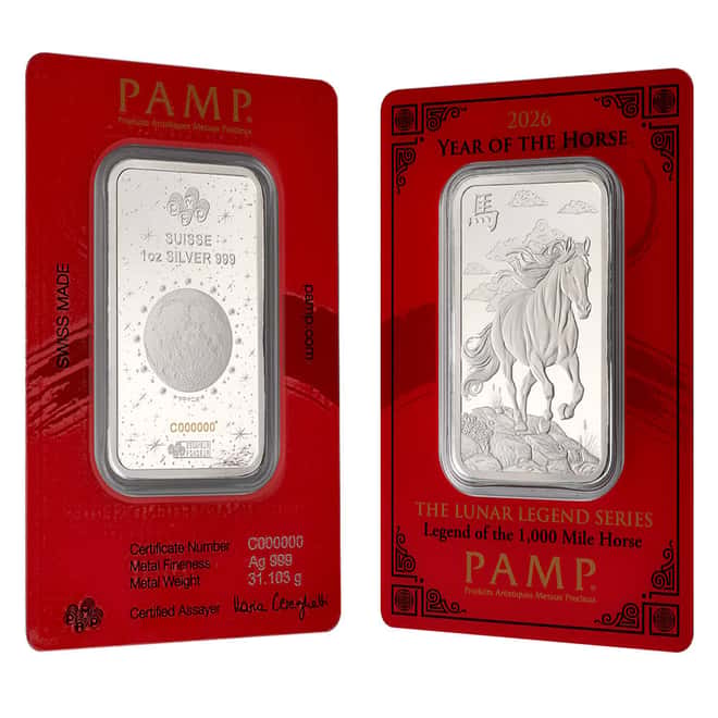 Box of 25 - 2026 1 oz PAMP Suisse Lunar Horse Silver Bar (in Assay)