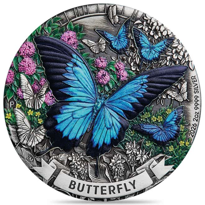 2026 2 oz Butterfly Antiqued Colorized Silver Coin Perth Mint