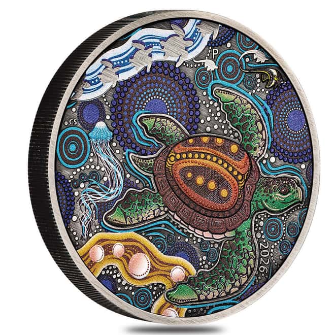 2026 2 oz Turtle Yaunati Antiqued Colorized Silver Coin Perth Mint