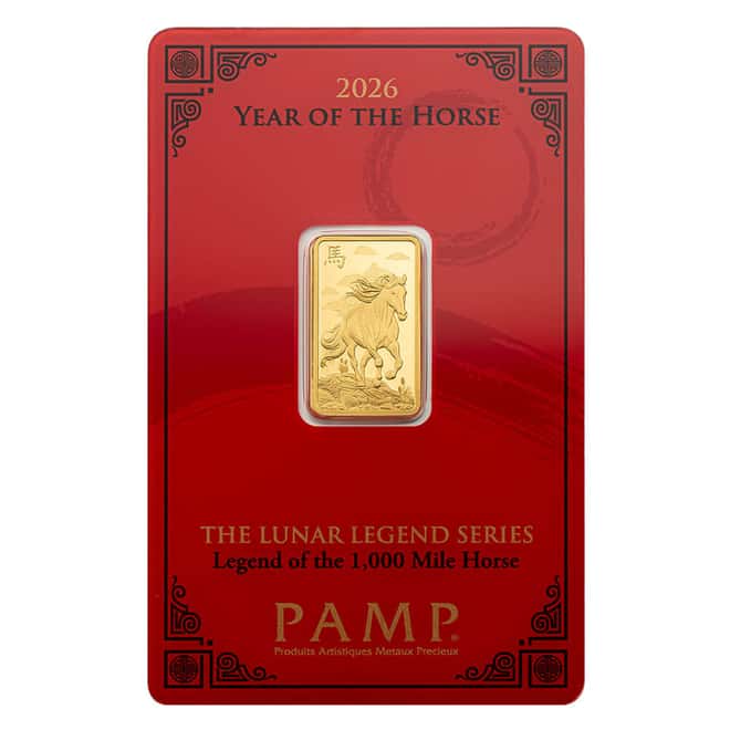 Box of 25 - 2026 5 Gram PAMP Suisse Lunar Horse Gold Bar (in Assay)