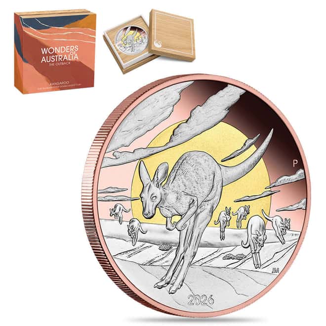 2026 5 oz Proof Silver Wonders of Australia The Outback Kangaroo Double Gilded Coin Perth Mint