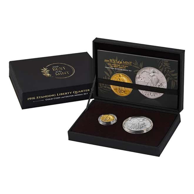 2026 Best of US Mint 1916 Standing Liberty Quarter Dollar Gold Coin & Silver Medal Set (w/Box & COA)