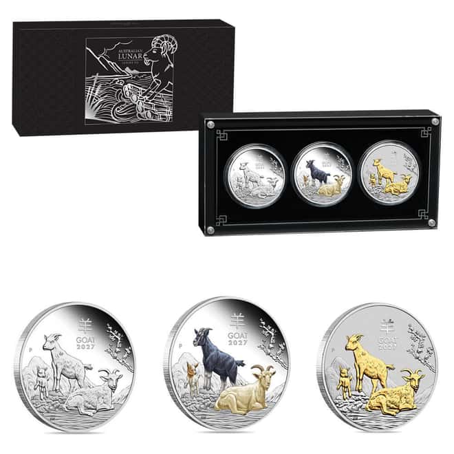 2027 3 oz Silver Lunar Goat 3-Coin Set Perth Mint
