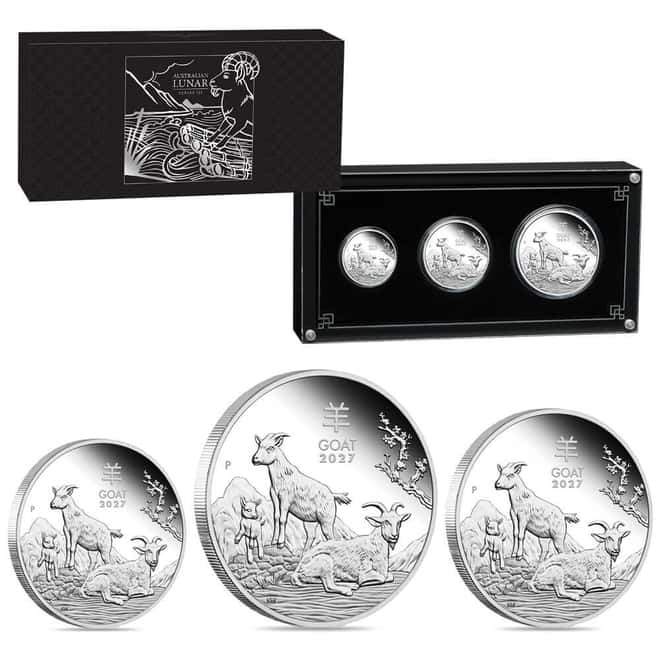 2027 3.5 oz Proof Silver Lunar Goat 3-Coin Set Australian Perth Mint