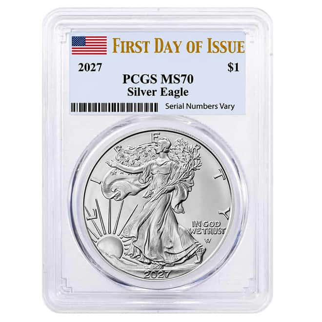 2027 1 oz Silver American Eagle PCGS MS 70 FDOI (Flag)