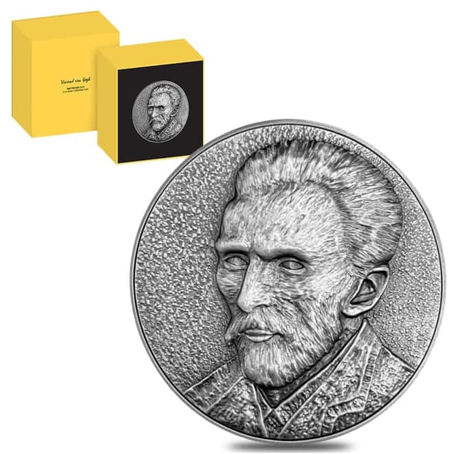 2020 2 oz Silver Vincent Van Gogh Self Portrait Antiqued High Relief $5 Coin (w/Box & COA)
