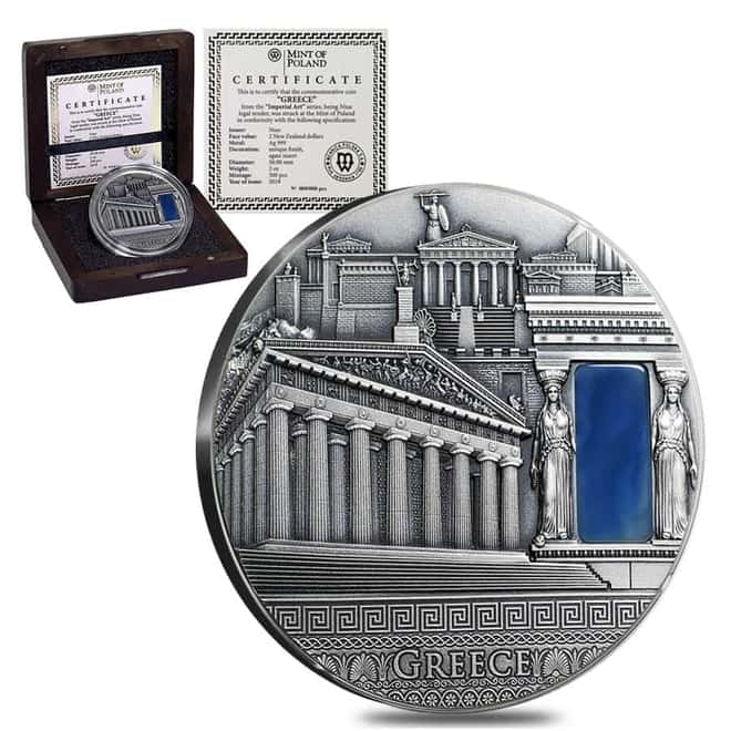 2018 Niue 2 oz Silver Greece - Imperial Art Antiqued High Relief $2 Coin (w/Box & COA)