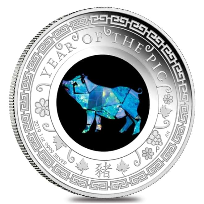 2019 1 oz Proof Silver Lunar Year of the Pig Opal Coin Australian Perth Mint (w/Box & COA)