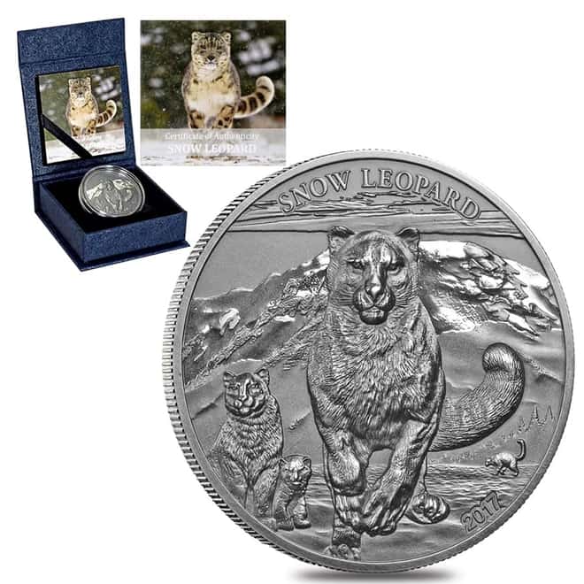 2017 1 oz Silver Snow Leopard - High Relief Animals Mongolia Antiqued Coin (w/Box & COA)