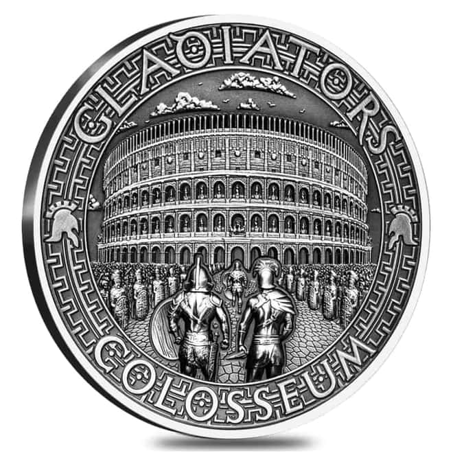 2017 2 oz Silver Colosseum - Gladiators Solomon Islands Antiqued Coin .999 Fine (w/Box & COA)