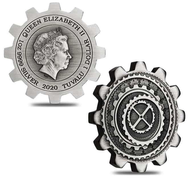 2020 2 oz Silver Tuvalu Industry in Motion Gear-Shaped Antiqued 2-Coin Set (w/Box & COA)