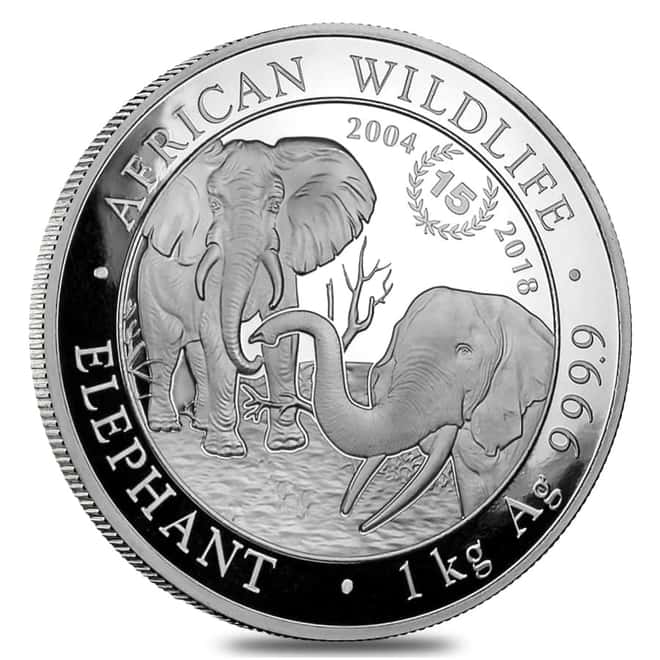2018 Somalia 1 Kilo Silver Elephant African Wildlife 15th Anniv Jubilee Coin .9999 Fine (In Cap)
