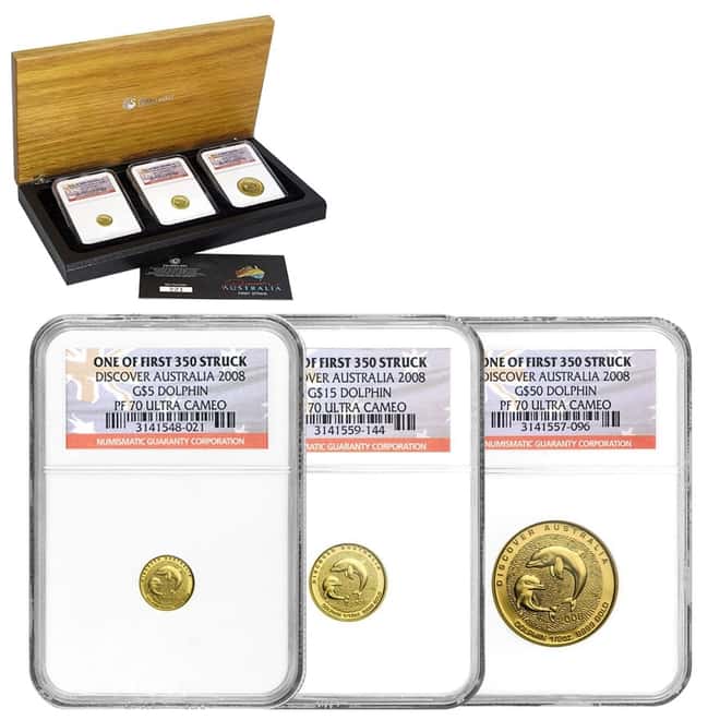 2008 0.64 oz Proof Gold Dolphin Australia Perth Mint 3-Coin Set NGC PF 70 UCAM (w/Box & COA) 
