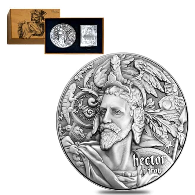 2020 2 oz Silver Niue Hector of Troy - Nine Worthies Series Antiqued High Relief $5 Coin (w/Box & COA)