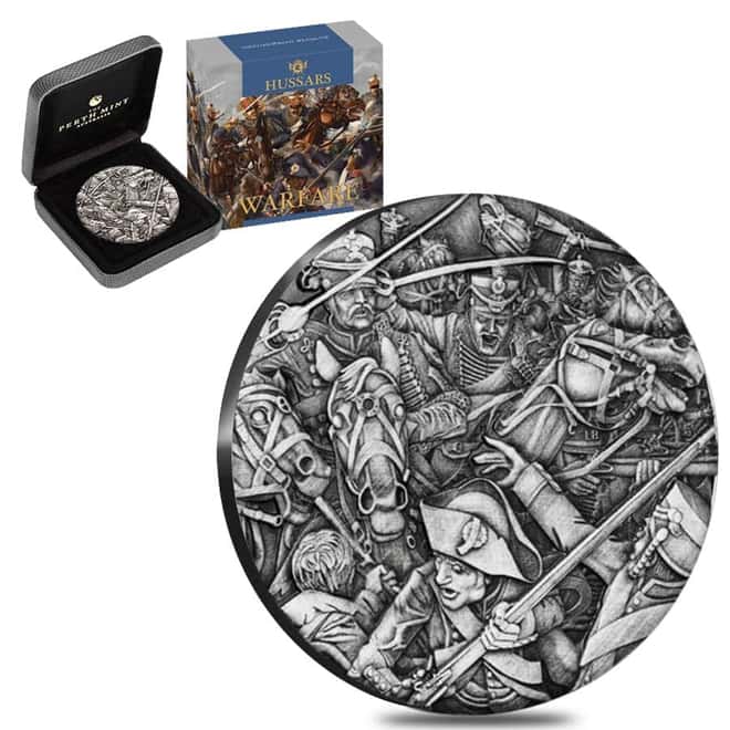 2018 2 oz Silver Hussars - Warfare Series High Relief Antiqued Coin Perth Mint (w/Box & COA)