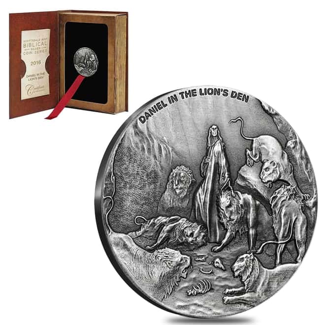 2016 Niue 2 oz Silver Daniel In the Lion's Den - Biblical Series Antiqued Coin (w/Box & COA)