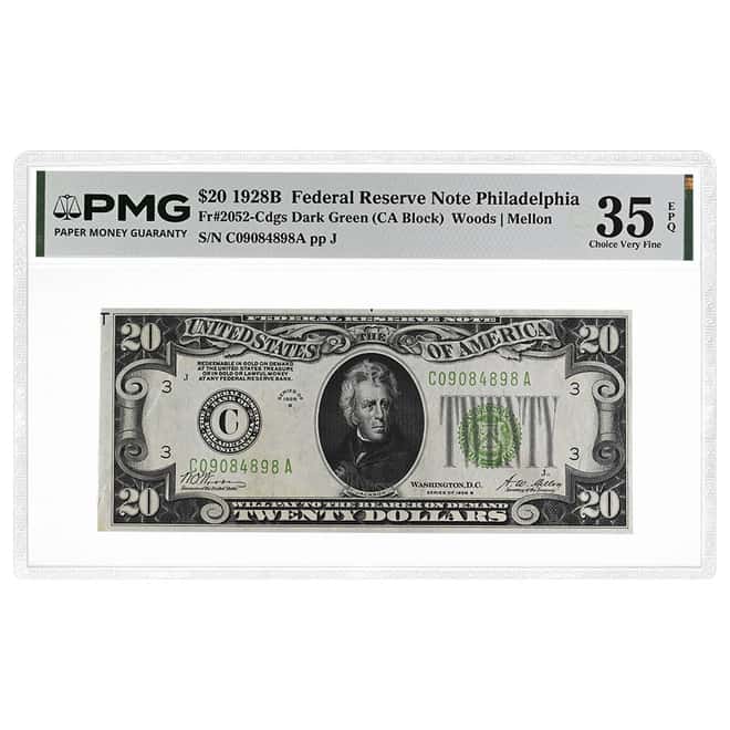 1928 B $20 Federal Reserve Note Philadelphia PMG VF 35 EPQ
