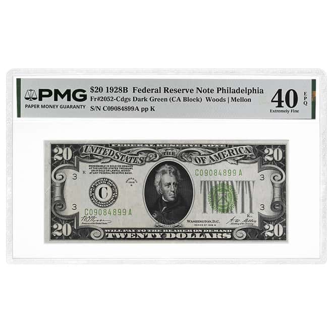 1928 B $20 Federal Reserve Note Philadelphia PMG XF 40 EPQ