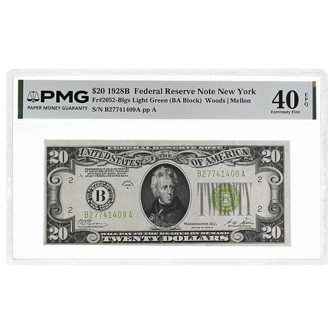 1928 B $20 Federal Reserve Note New York PMG XF 40 EPQ