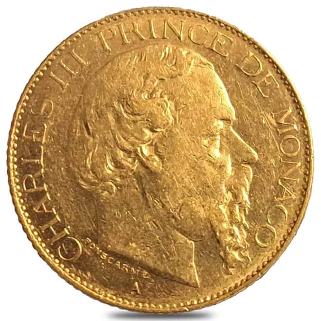 20 Francs Monaco Gold Charles III Avg Circ (1878-1879, Random)