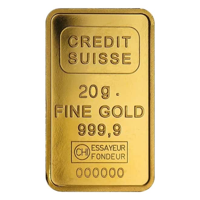 20 gram Credit Suisse Statue of Liberty Gold Bar .9999 Fine (In Assay)
