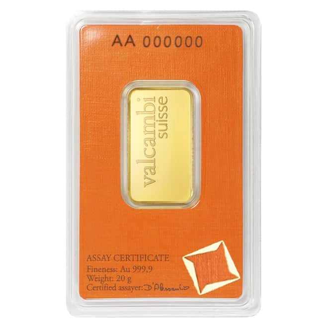 20 gram Gold Bar Valcambi Suisse .9999 Fine (In Assay)