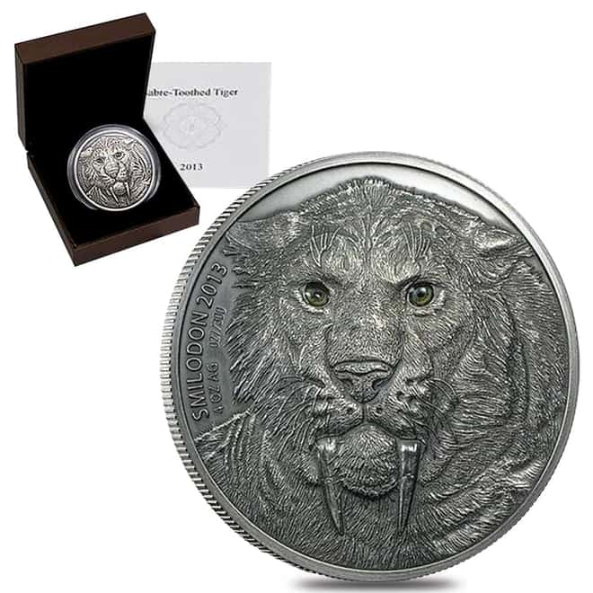 2013 1 oz Silver Saber Toothed Tiger - Smilodon Burkina Faso Antiqued Coin (w/Box & COA)