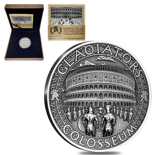 2017 2 oz Silver Colosseum - Gladiators Solomon Islands Antiqued Coin .999 Fine (w/Box & COA)