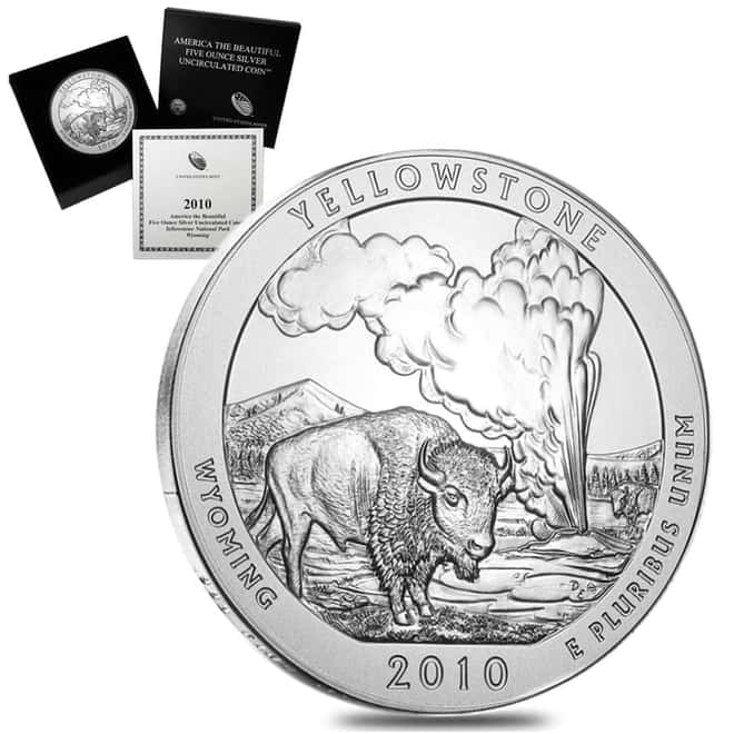 2010-P 5 oz Silver America the Beautiful ATB Wyoming Yellowstone National Park Unc Coin (w/Box & COA)