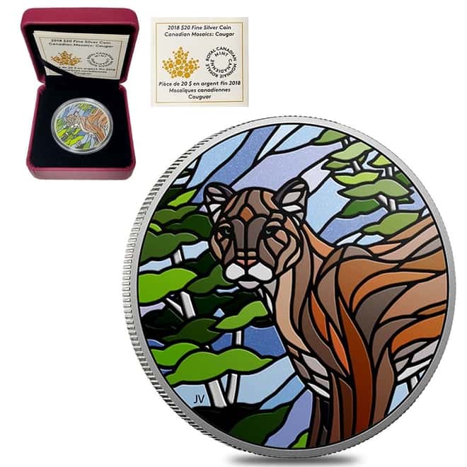 2018 Canada 1 oz Silver Cougar - Canadian Mosaics Proof Colorized Coin (w/Box & COA)