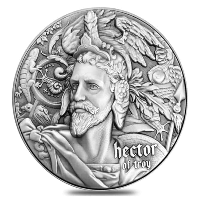 2020 2 oz Silver Niue Hector of Troy - Nine Worthies Series Antiqued High Relief $5 Coin (w/Box & COA)