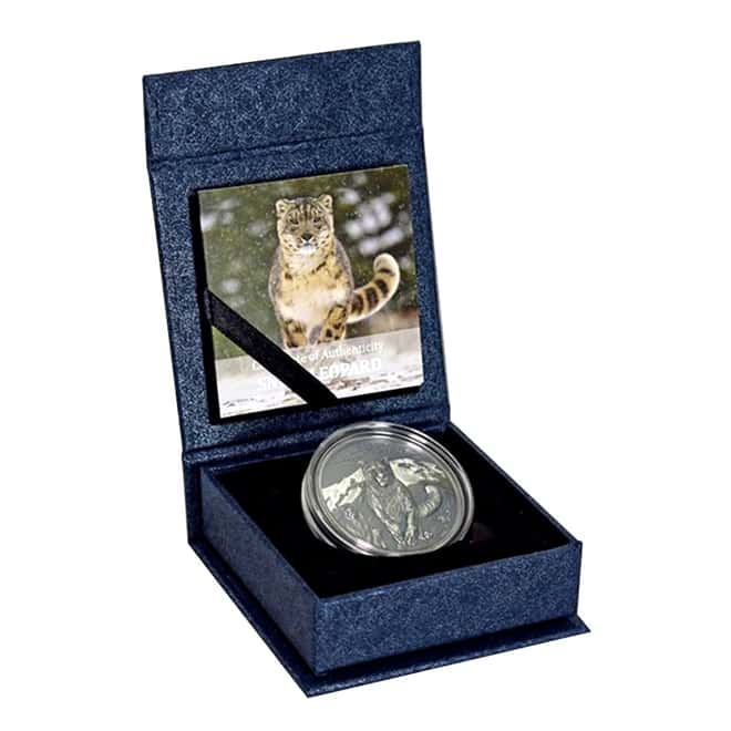 2017 1 oz Silver Snow Leopard - High Relief Animals Mongolia Antiqued Coin (w/Box & COA)