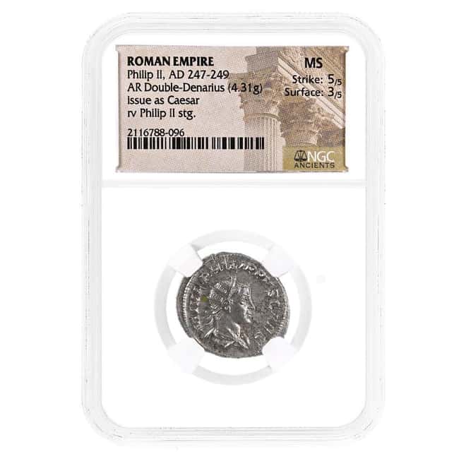 247-249 AD Roman Empire Philip II AR Double Denarius Silver Coin NGC MS